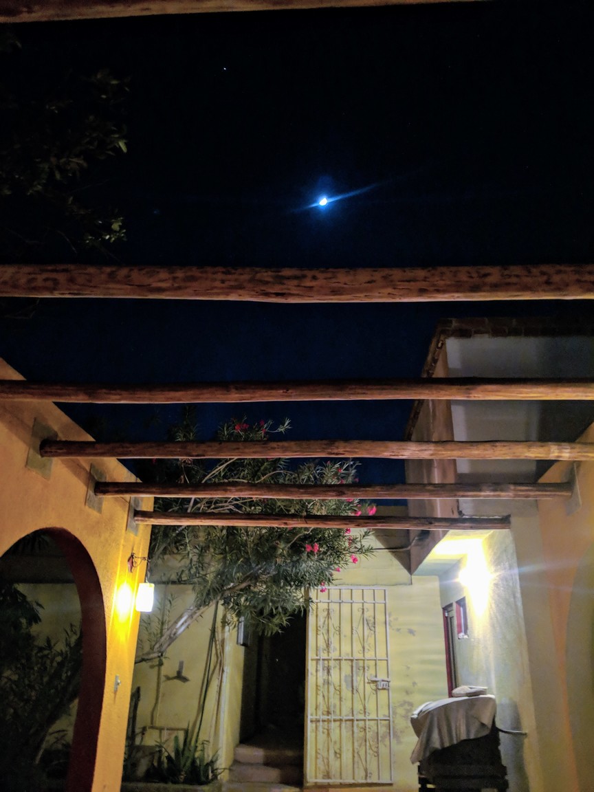 Our little courtyard at night. My phone couldn't capture the moon.