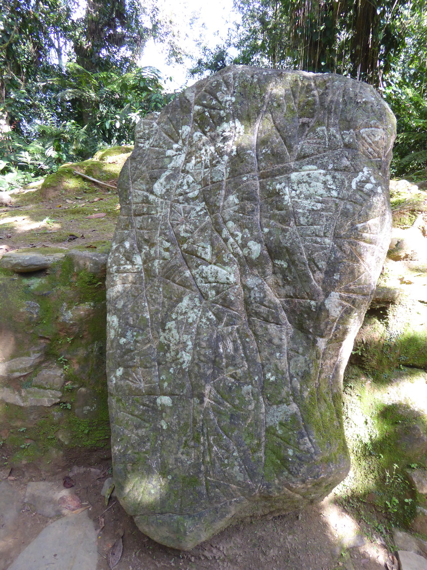 This stone is a map, the vertical lines represent rivers, horizontal are paths, and the start shapes are villages.