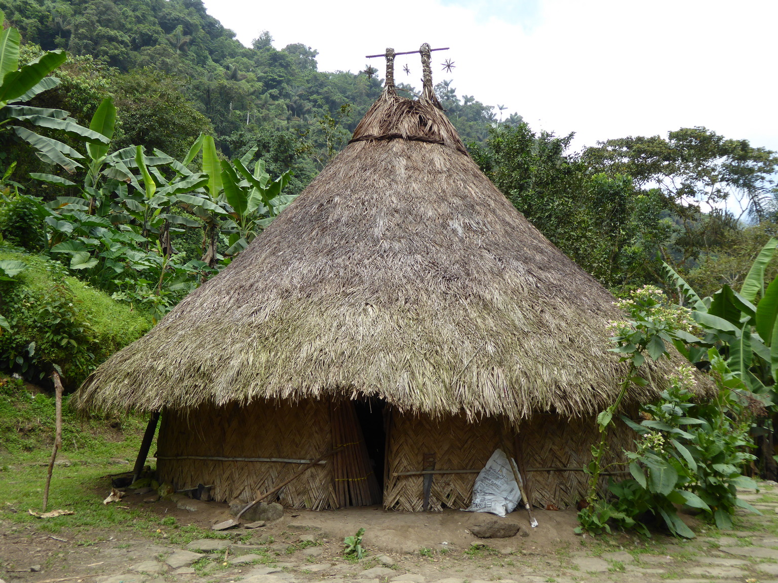 A traditional house of the indigenous people. The two peaks on the top represent the two snow capped peaks sometimes visible in the nearby Sierra Nevada mountain range.