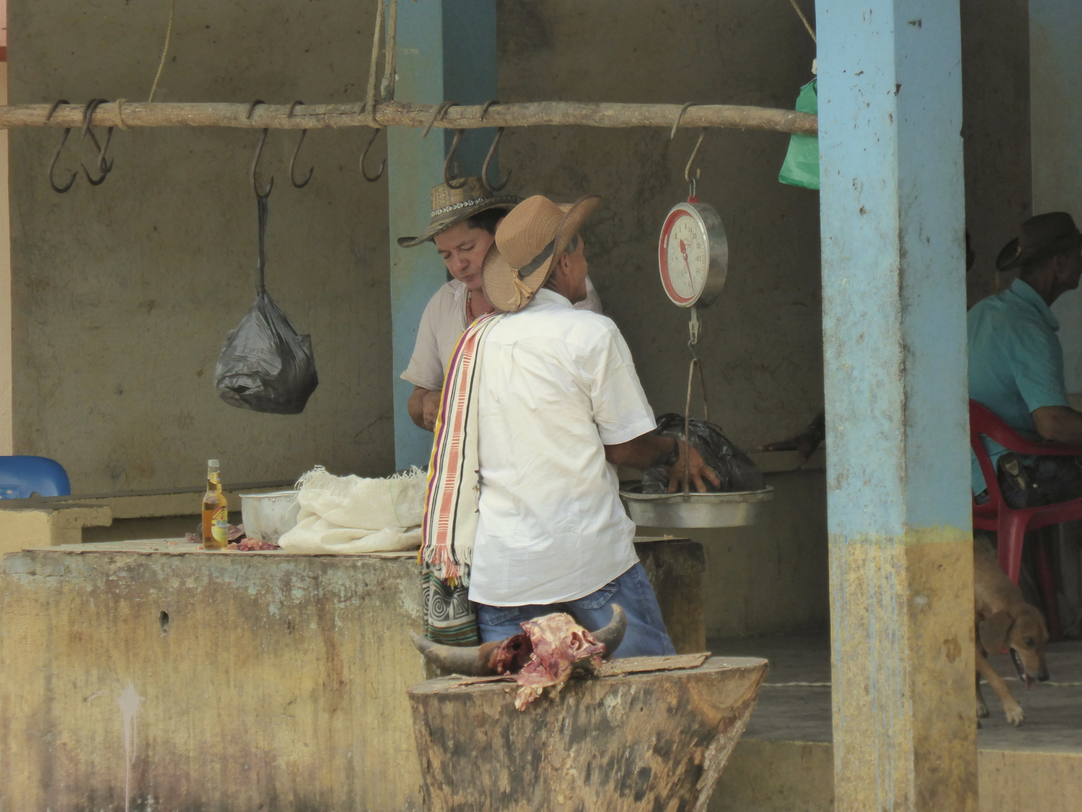 A butcher shop, complete with Colombian cowboys drinking beer! Oh and a cow's head with bits of flesh still hanging off it.