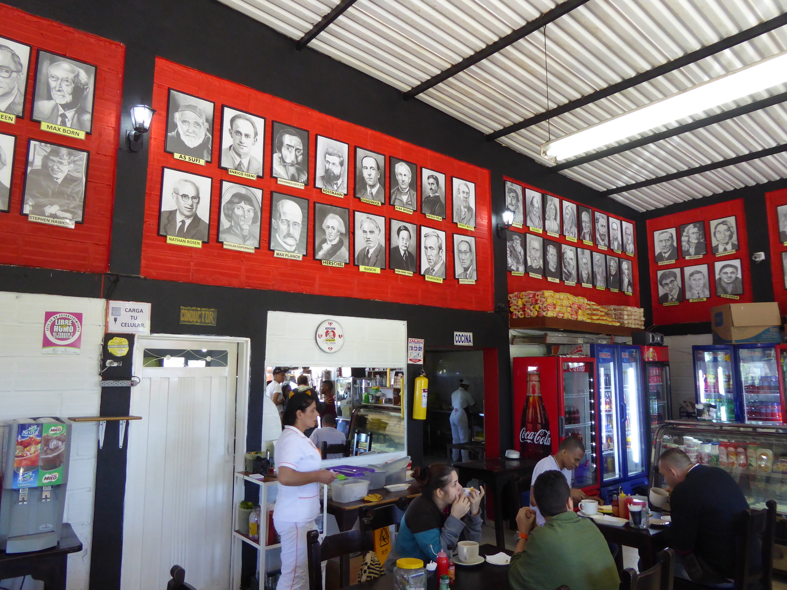 This was on the way to Medellín, the bus stopped here for folks to get food. The walls are covered with portraits of famous scientists!