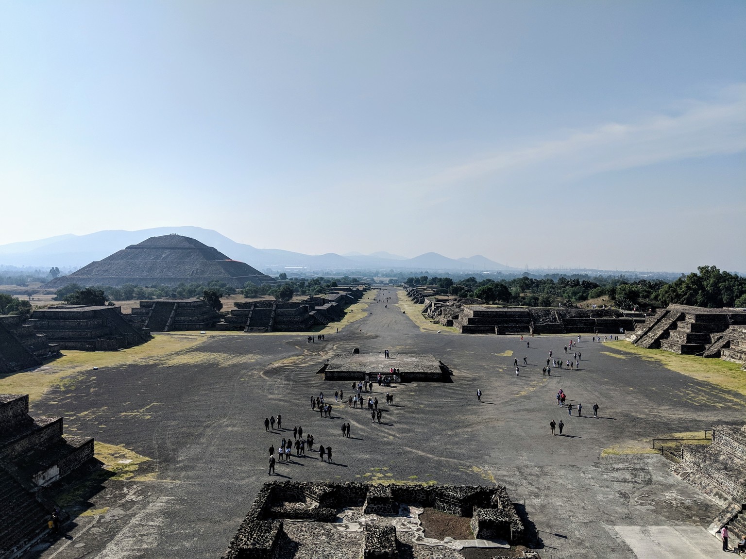 Looking down the Avenue of the Dead from the top of the Pyramid of the Moon. The pyramid on the left is the Pyramid of the Sun, one of the largest in Mesoamerica. Interestingly, the names are all Aztec names from when they discovered the site.