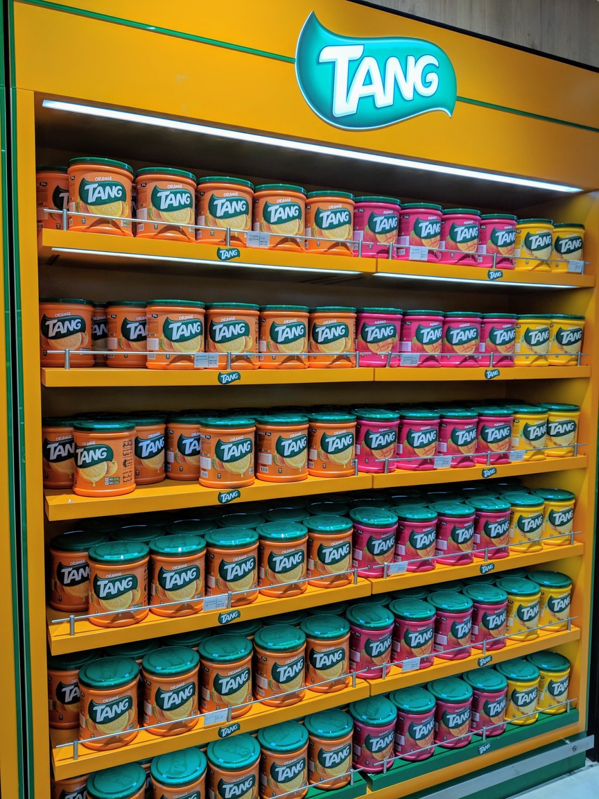 A whole wall of Tang in the duty free shop in the Muscat, Oman airport.