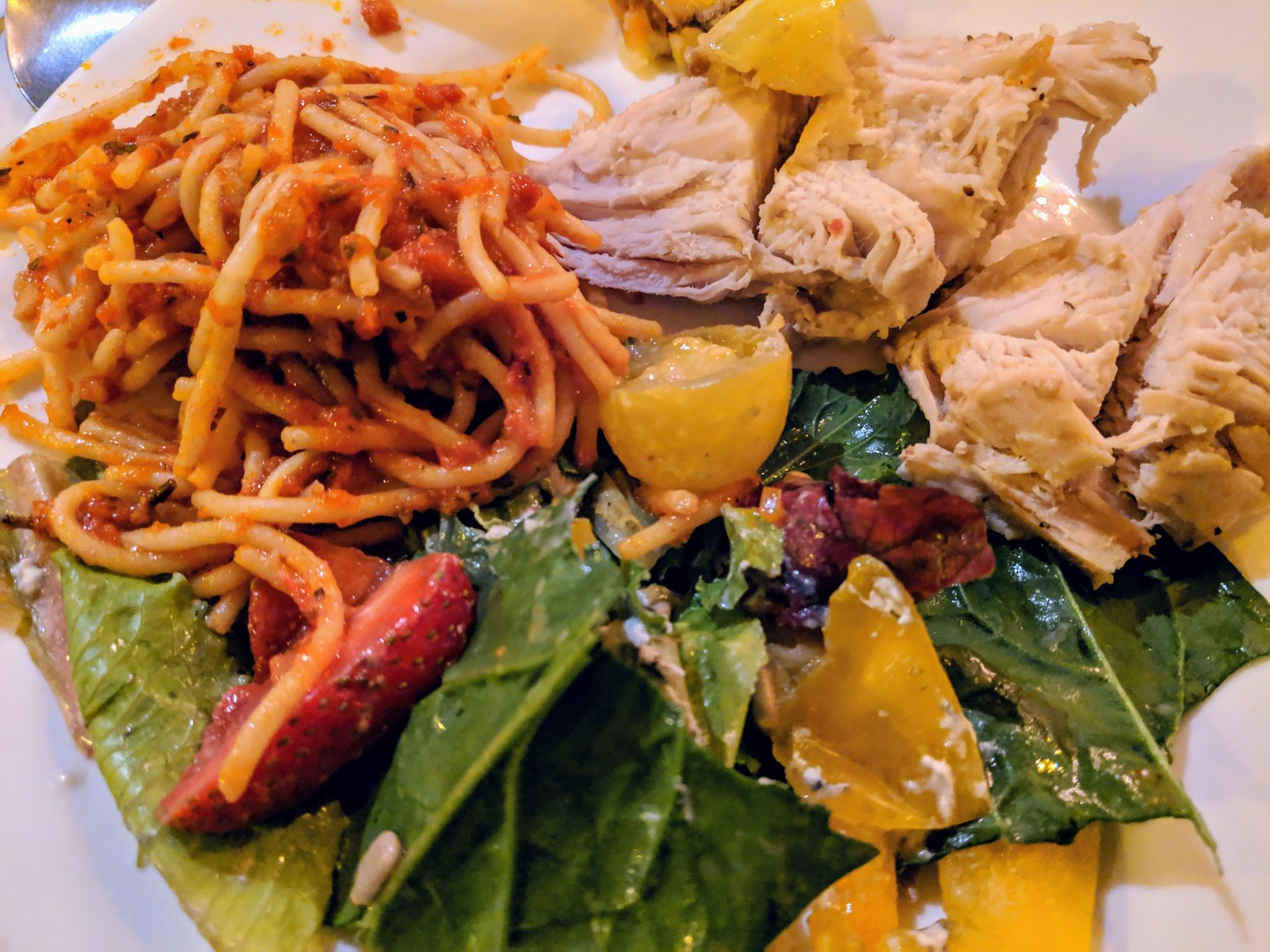 Christmas main course: turkey, spaghetti (I know, I was surprised too) salad with strawberries.