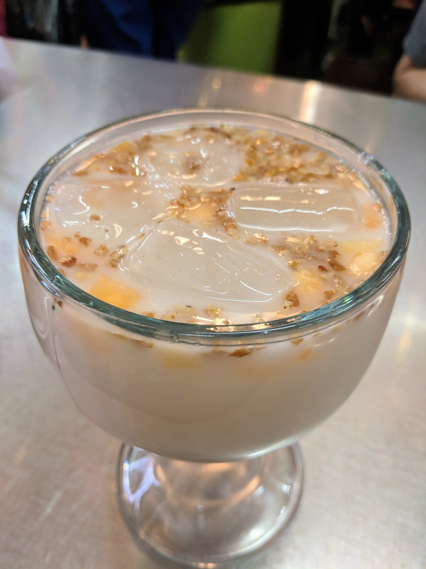 Horchata (in Mexico, this means rice milk with cinnamon. Apparently it's from the Mediterranean and there are many different kinds). This version was especially good, it had cantaloupe and bits of walnut.