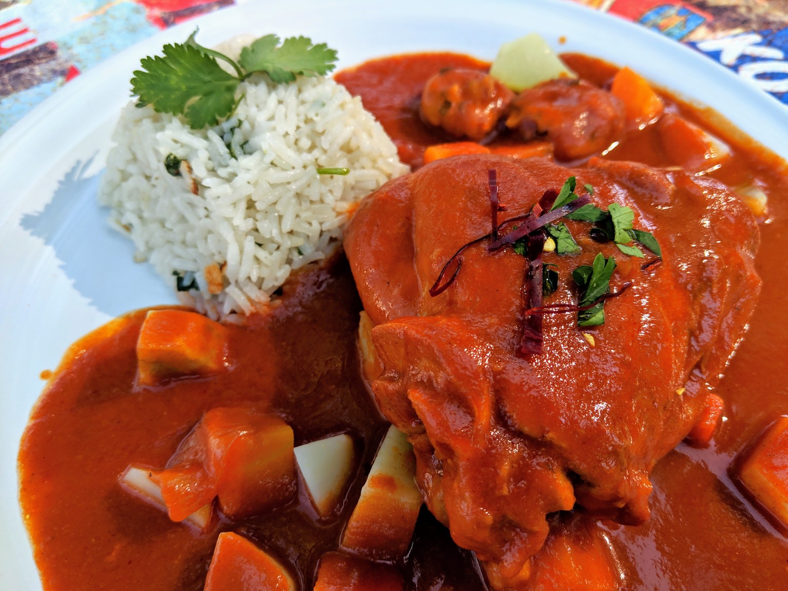 The finished mole amarillo with chicken, rice and potatoes.