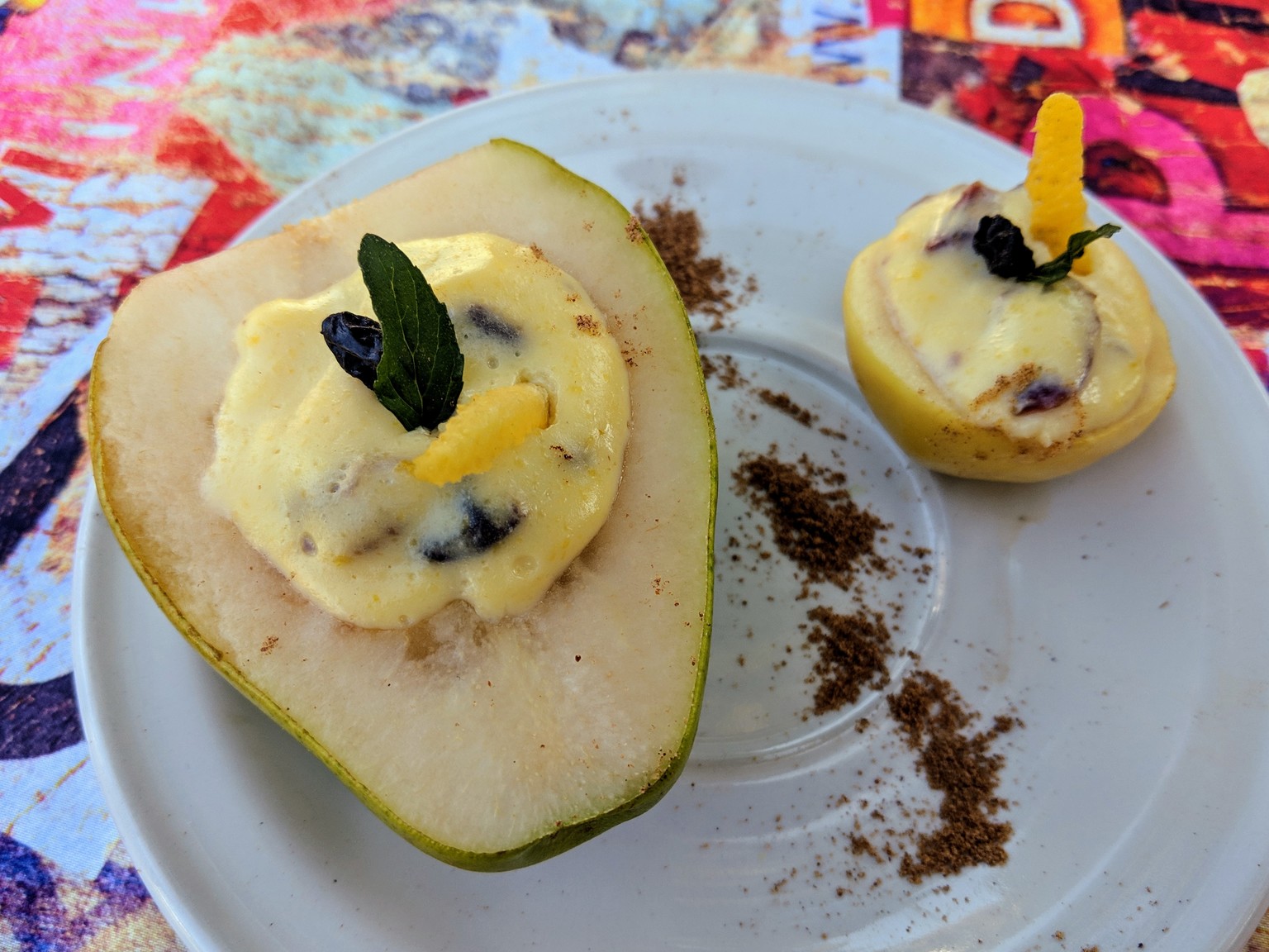 Dessert! Pear and passion fruit with a custard in the middle.