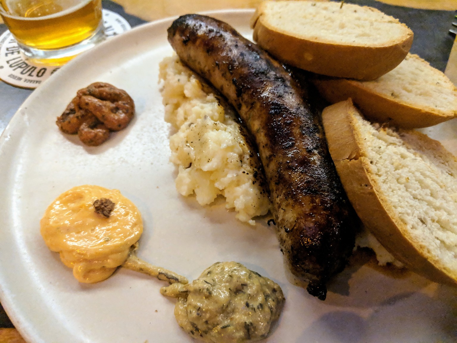 Locally made turkey sausage, garlic mashed potatoes, mustard, aoli and fresh bread.