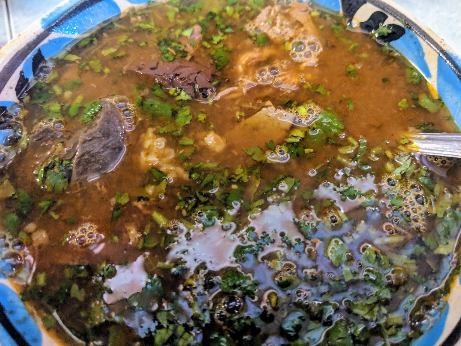 Soup with barbacoa, liver, kidney and blood.