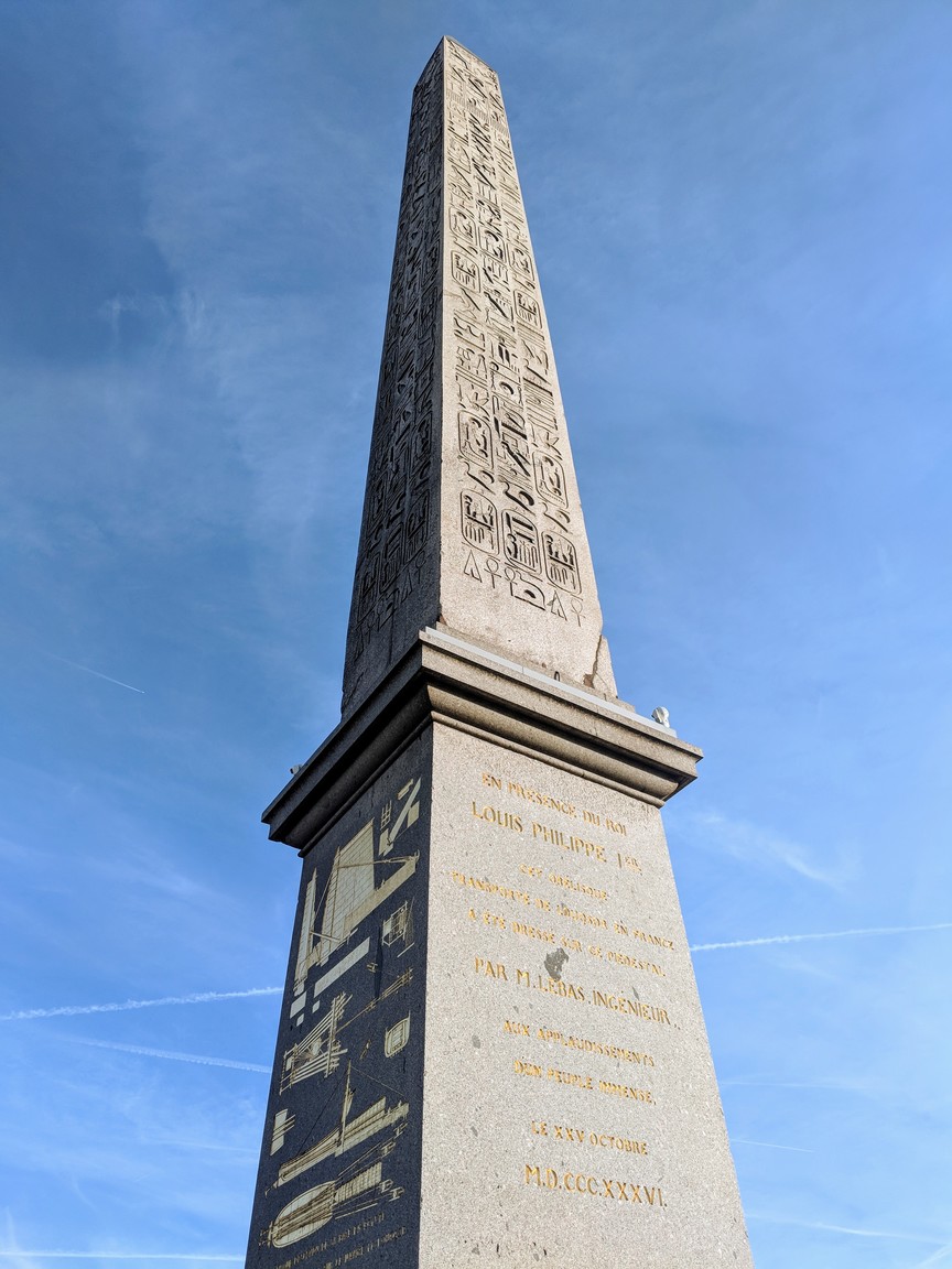 The Luxor Obelisk originally stood at the entrance to the Luxor Temple in Egypt. It was brought to Paris in 1833.