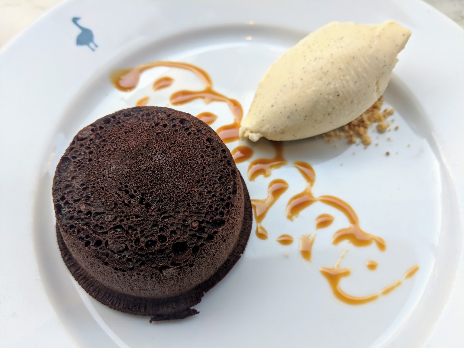 Chocolate pudding cake and vanilla ice cream