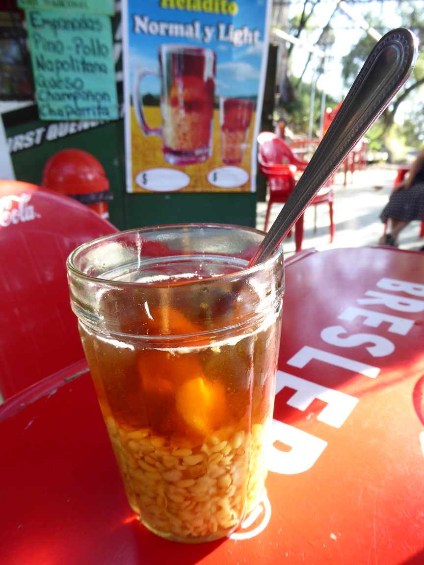 Mote con Huesillos: roasted wheat, peach juice and whole peaches. Also I think they must add sugar, it's really sweet.