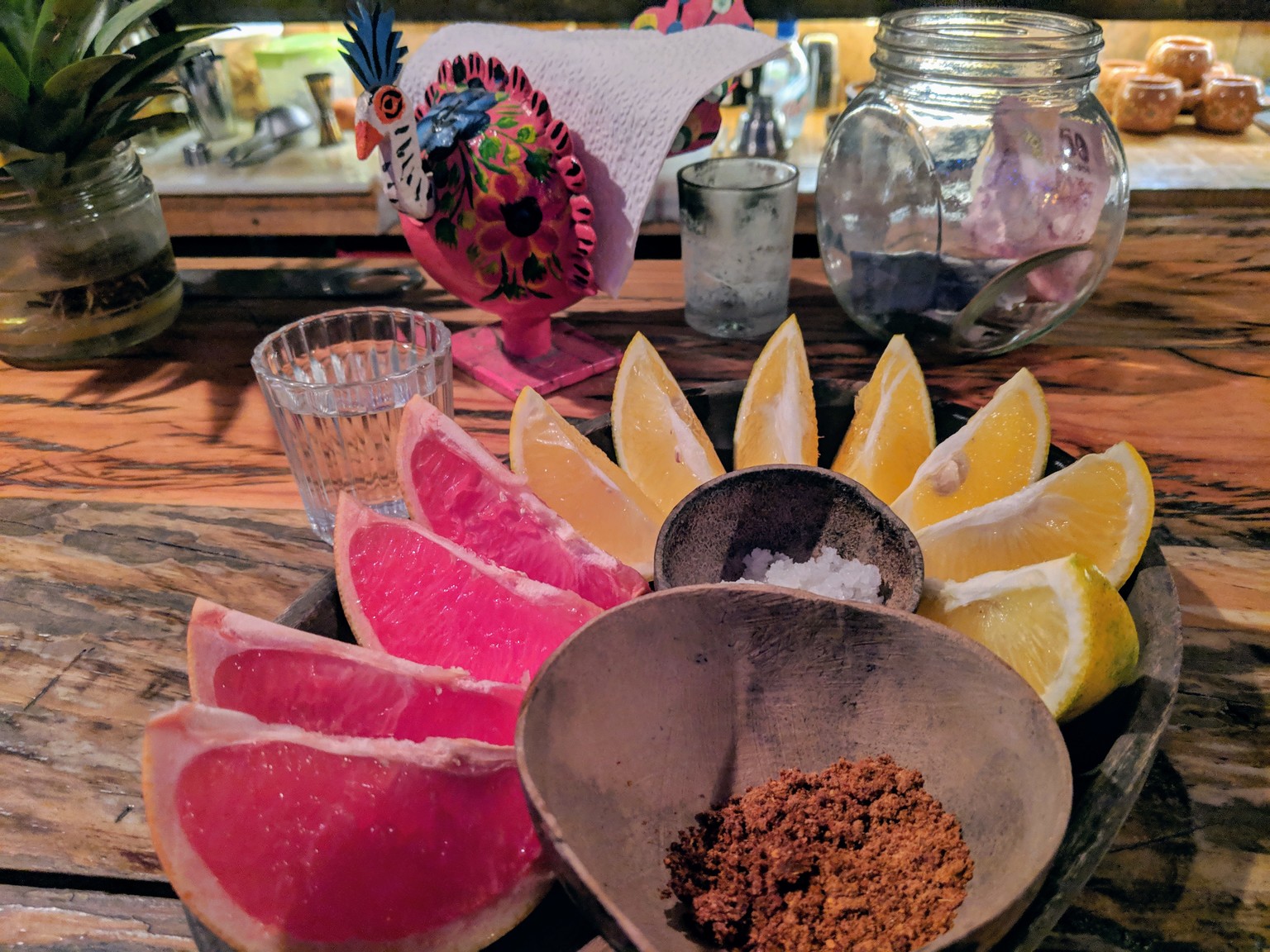 mezcal with grapefruit, orange and sal de gusano (salt of the worm). That's salt, chilis and ground up roasted insect larva. It's actually really good!