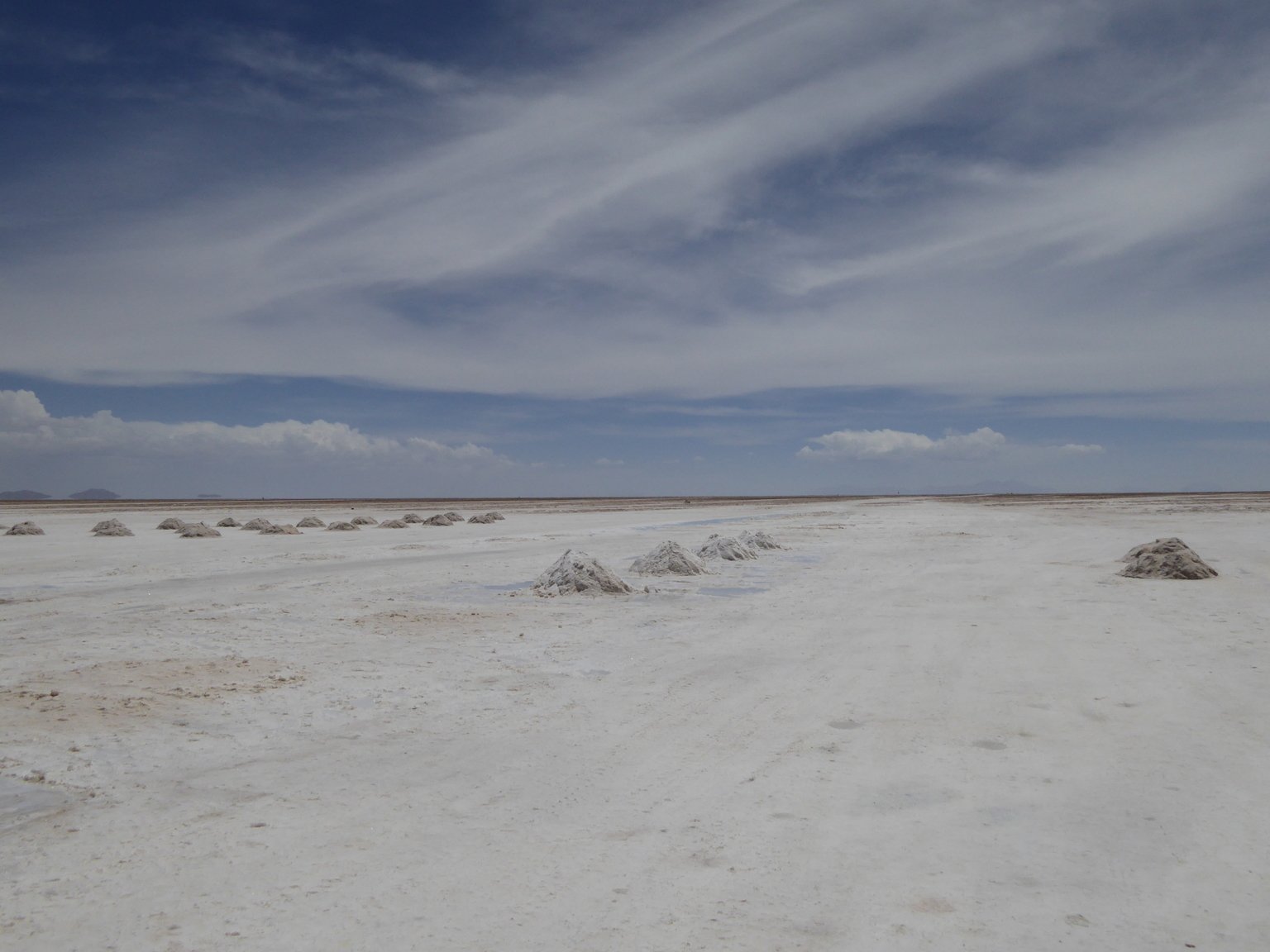Salar de Uyuni, which translates roughly to "enclosed salt flat". Uyuni is an Amara (one of the indigenous people of the Andes) word, Salar is Spanish. These are the largest salt flats in the world, with a total area of over 10,000 km or 4,000 mi.