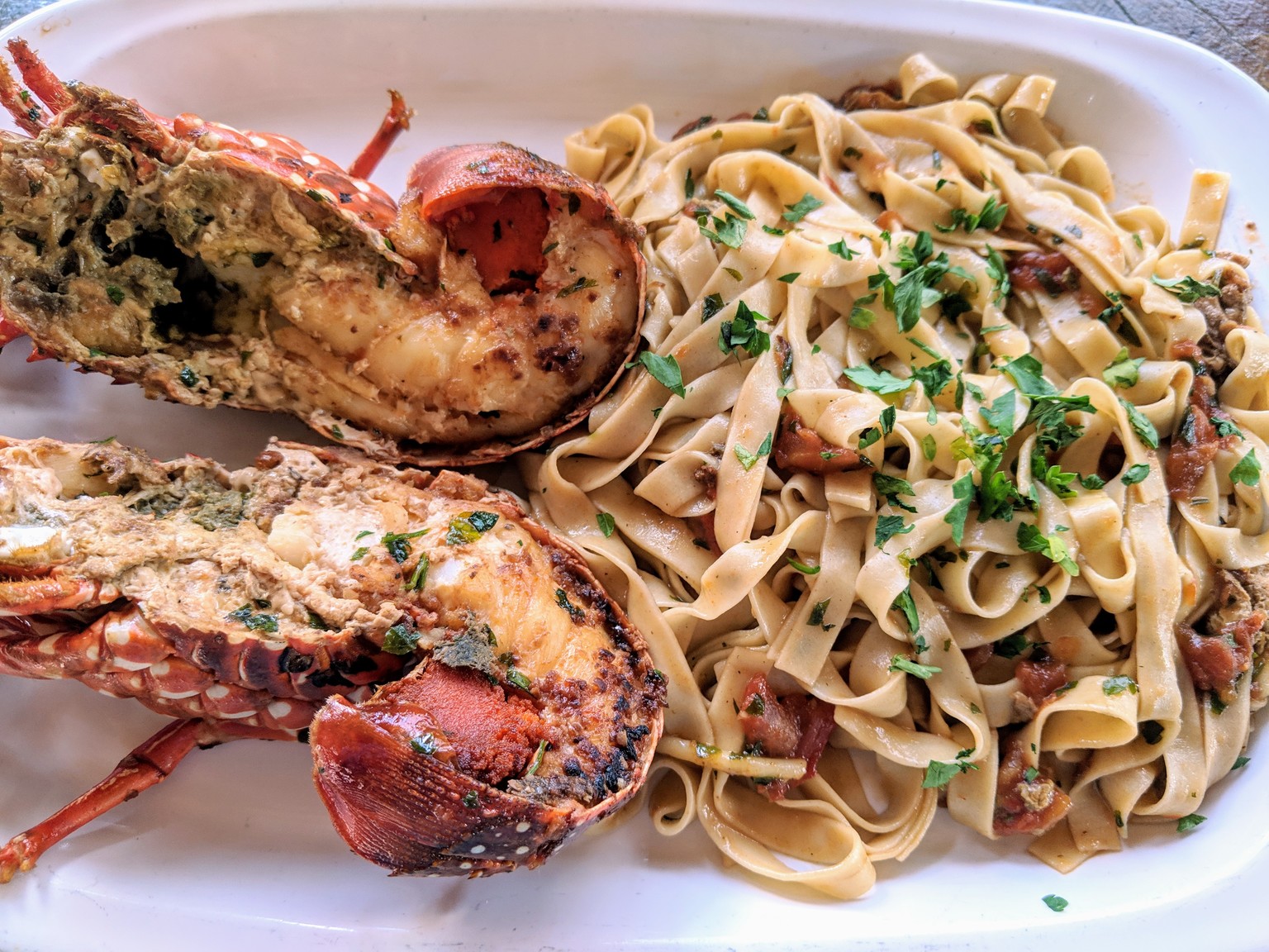 Grilled lobster with pasta, I think it was like $10?