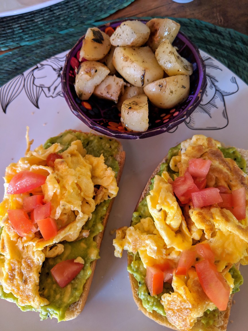 Avocado toast with scrambled eggs and potatoes. The bread here was really good, I think it must have been homemade.