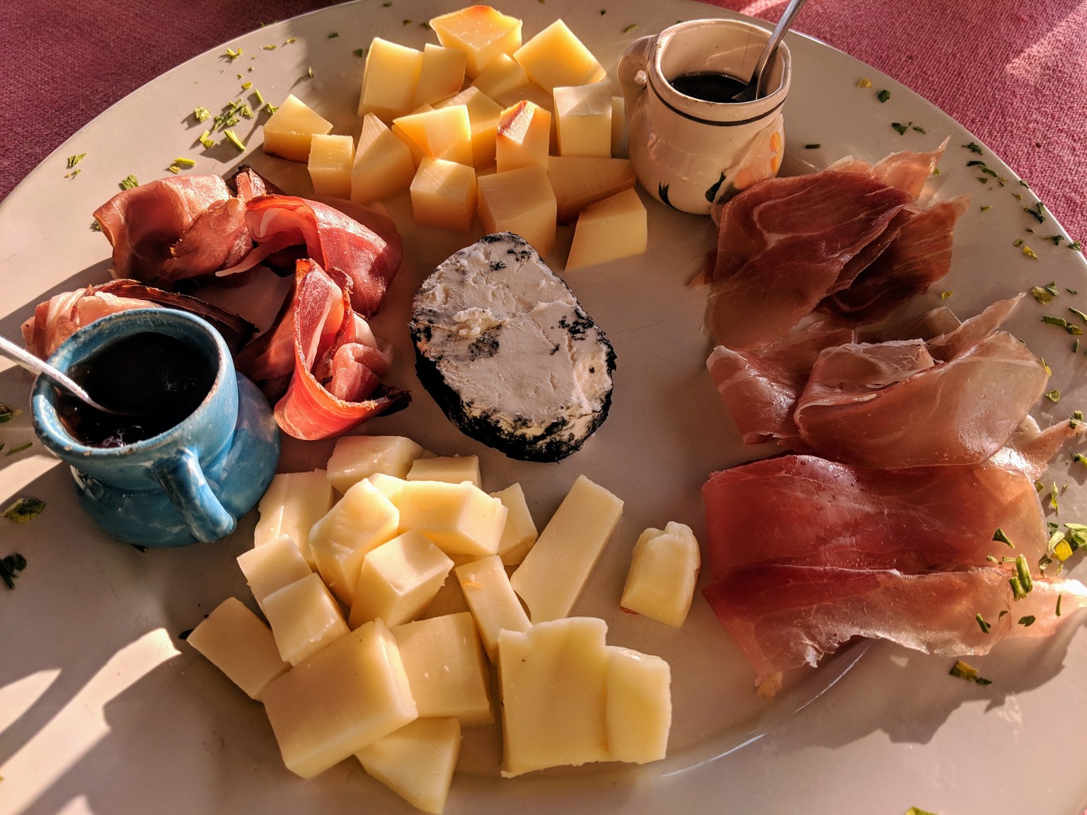 Cheese plate with manchego, blue cheese and I think mozzarela, plus two kinds of cured meat. Pretty fancy for a little beach town!