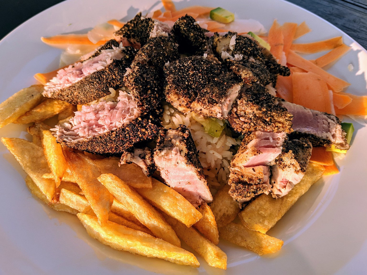 Peppered tuna steak was  good, but a little too peppery.